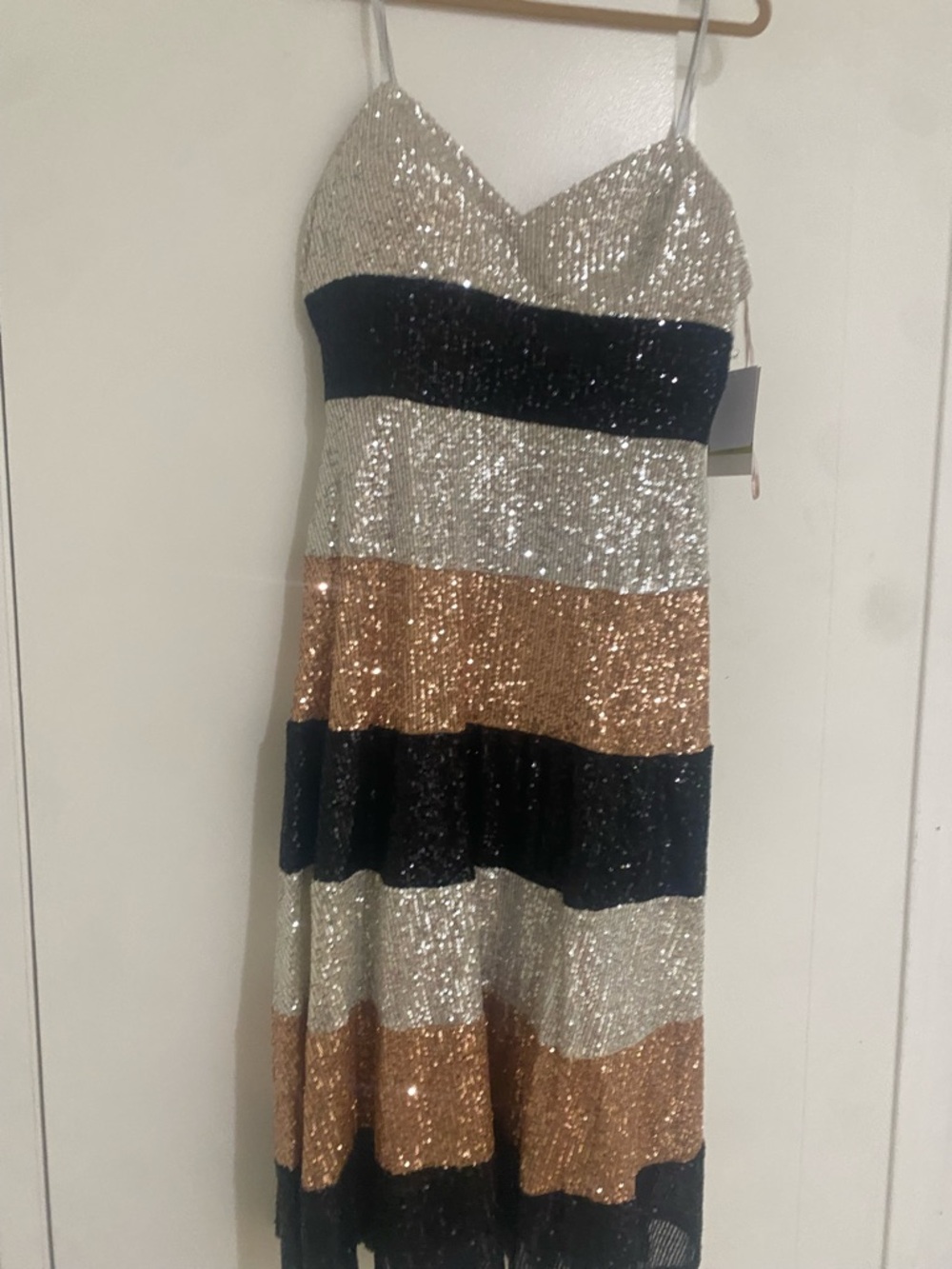 Sequin Stripe Spaghetti Strap Dress in Silver, Gold & Black